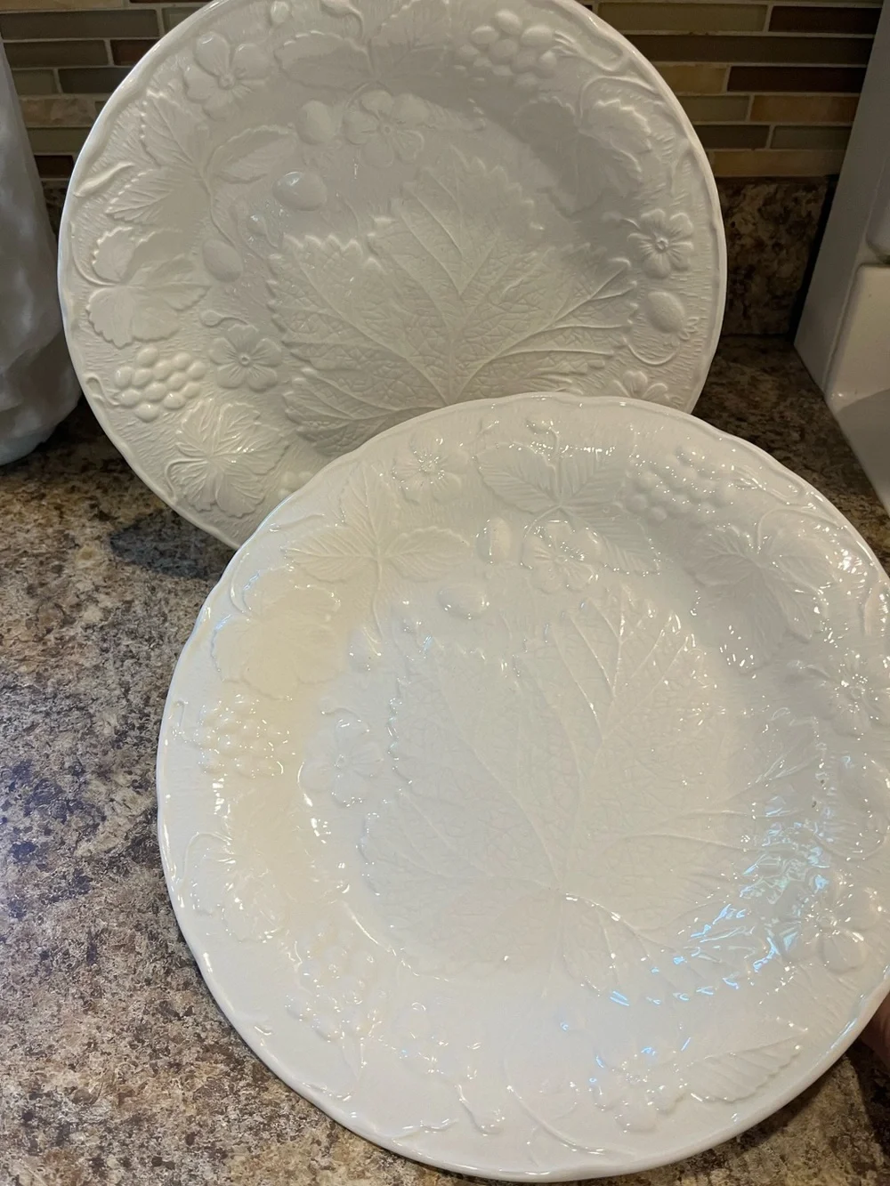 Burleigh Davenport dinner plates, White Embossed Leaf Pattern set of 2